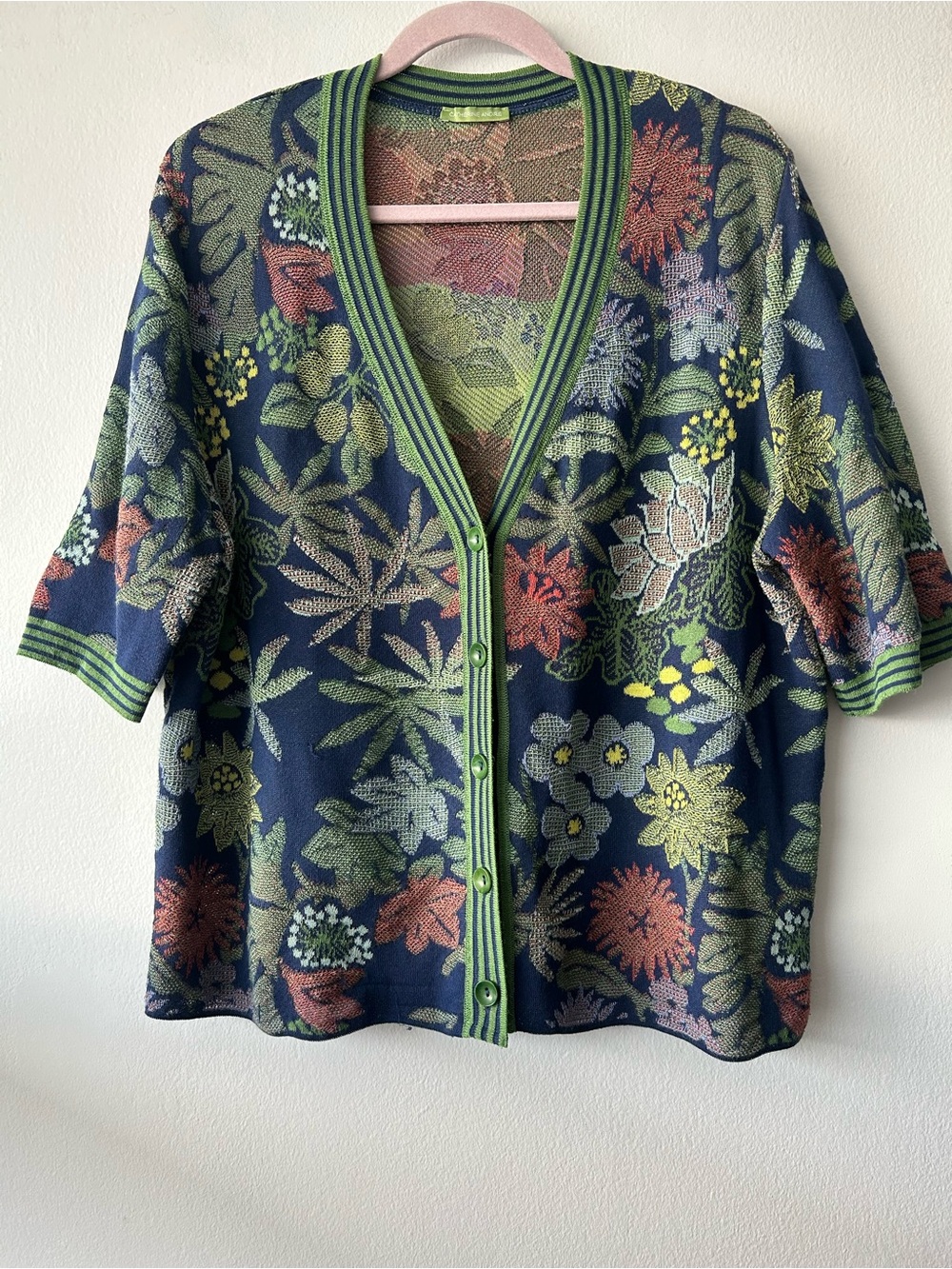 Catherine André Knit Button Cardigan with Green Trim made in France